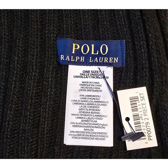 Polo Ralph Laurent Mens 2 Piece Hat and Scarf Lambswool Blend Set Black NWT - Picture 2 of 4